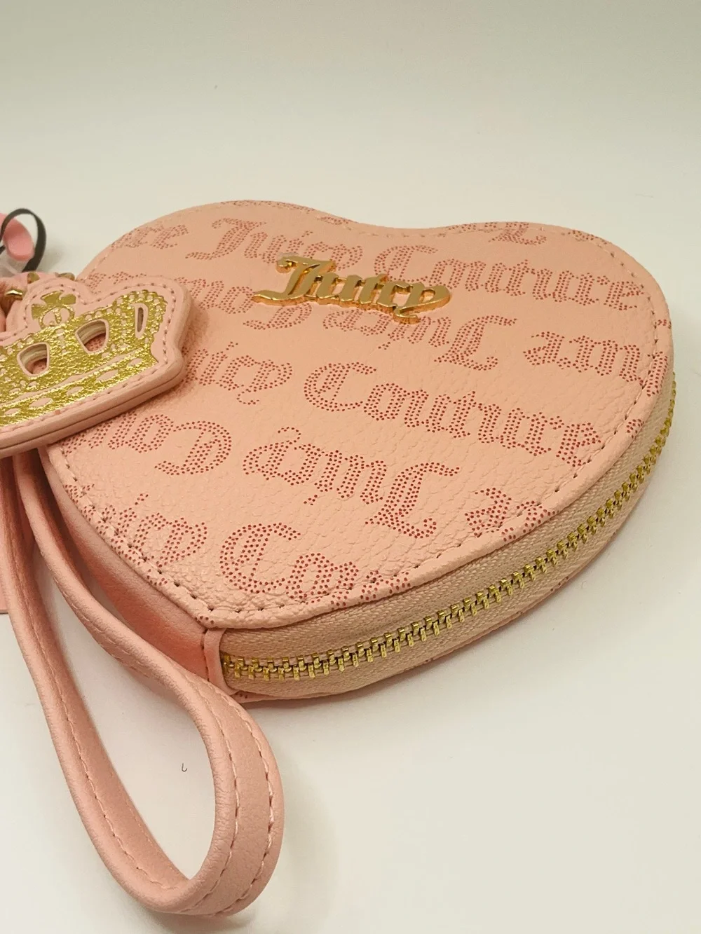 NWT Juicy Couture Pink Heart Wristlet Coin Purse Crown Zip Pull - Macaroon Dots